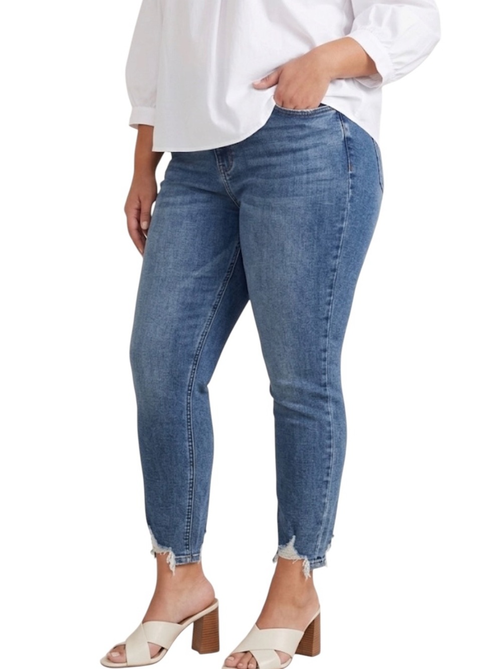 Pistola Women’s Blue Frayed Hem Slim Ankle Jeans Size 16W Stretch High Mid Rise